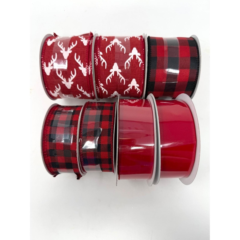 Assorted‎ Wired Christmas Ribbon 7 Spools Reindeer Plaid Red 70 yards 1.5-2.5in